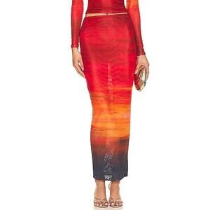 FARAI London Ombre Sheer Mesh Midi Skirt Womens M Red Orange Stretch Bodycon
